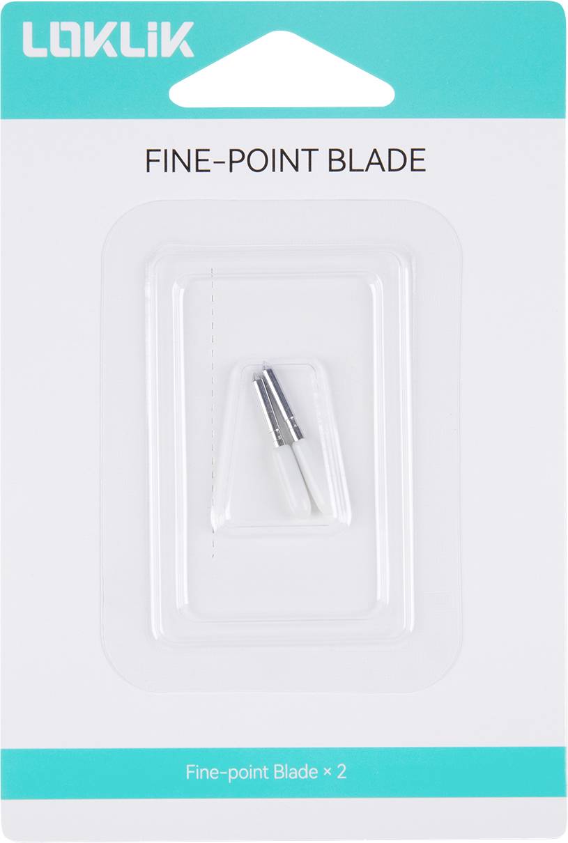 A package labeled 'Fine-Point Blade' containing a single metallic, pointed crafting blade. Brand name 'LOKLIK' is displayed at the top.