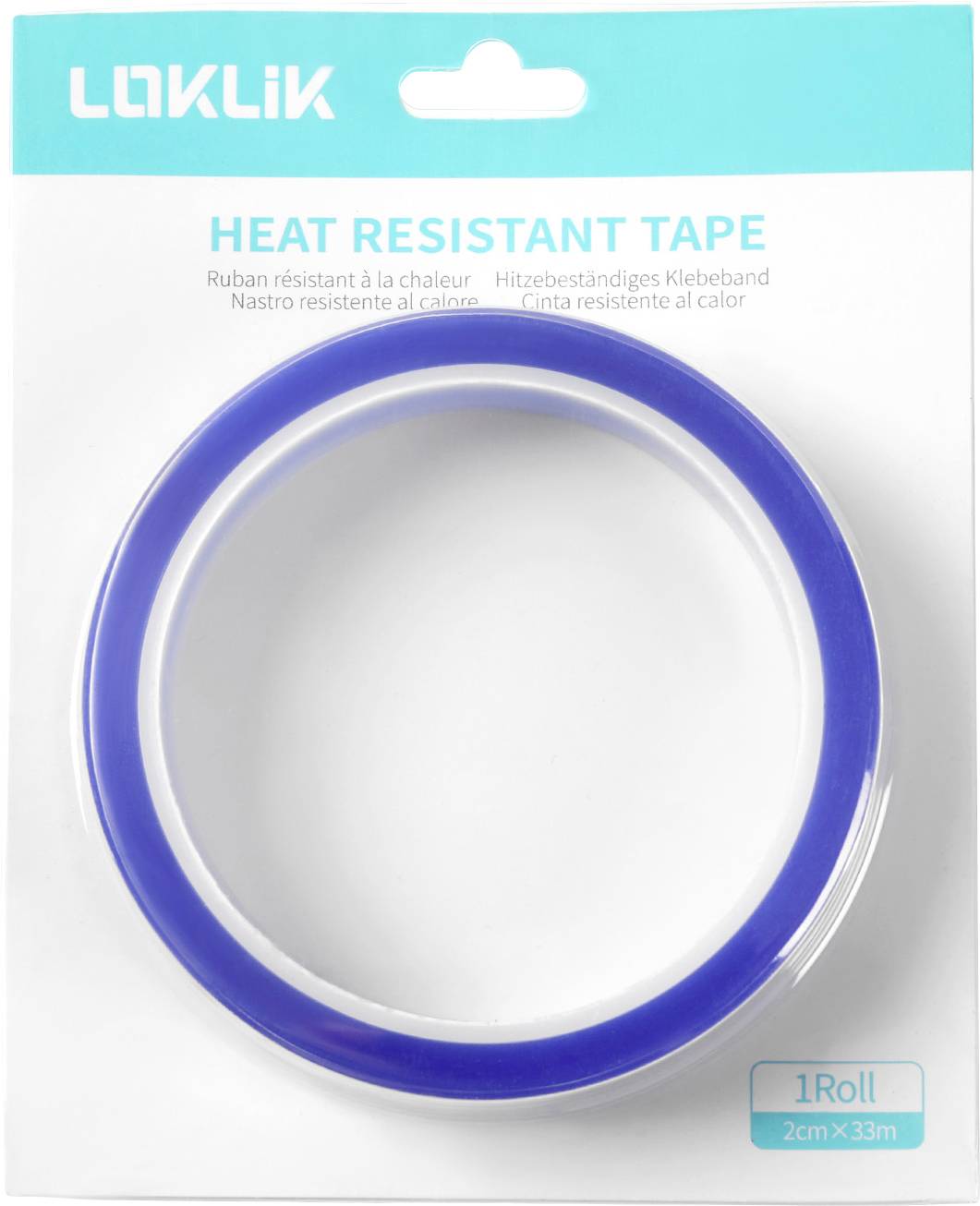 Packaging of heat resistant tape, featuring a blue roll inside a clear plastic cover. Text includes 'LOKLIK', 'Heat Resistant Tape'.