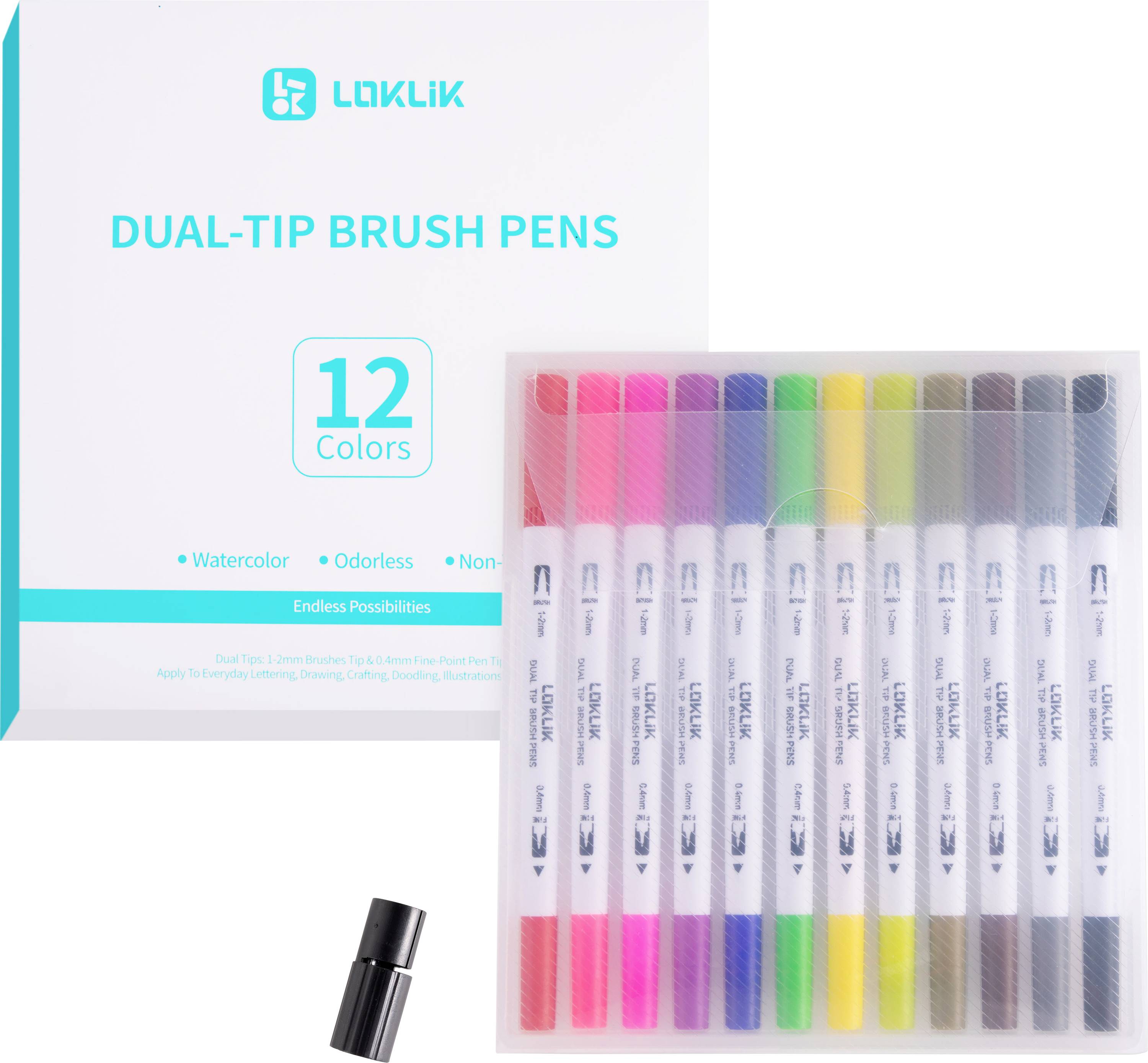 'LOKLIK Dual-Tip Brush Pens, 12 Colors' set shows colorful markers arranged vertically. Packaging highlights features: watercolor, odorless.