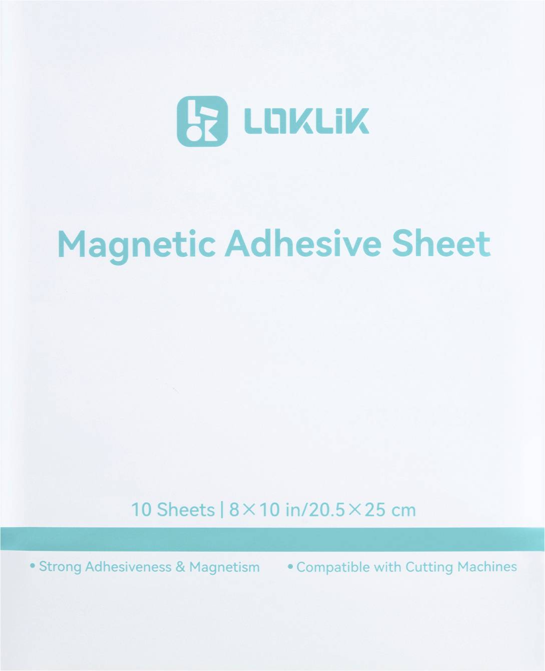 'Magnetic Adhesive Sheet' package cover; blue logo and text on white. Describes product features: strong adhesion, compatibility with cutting machines.