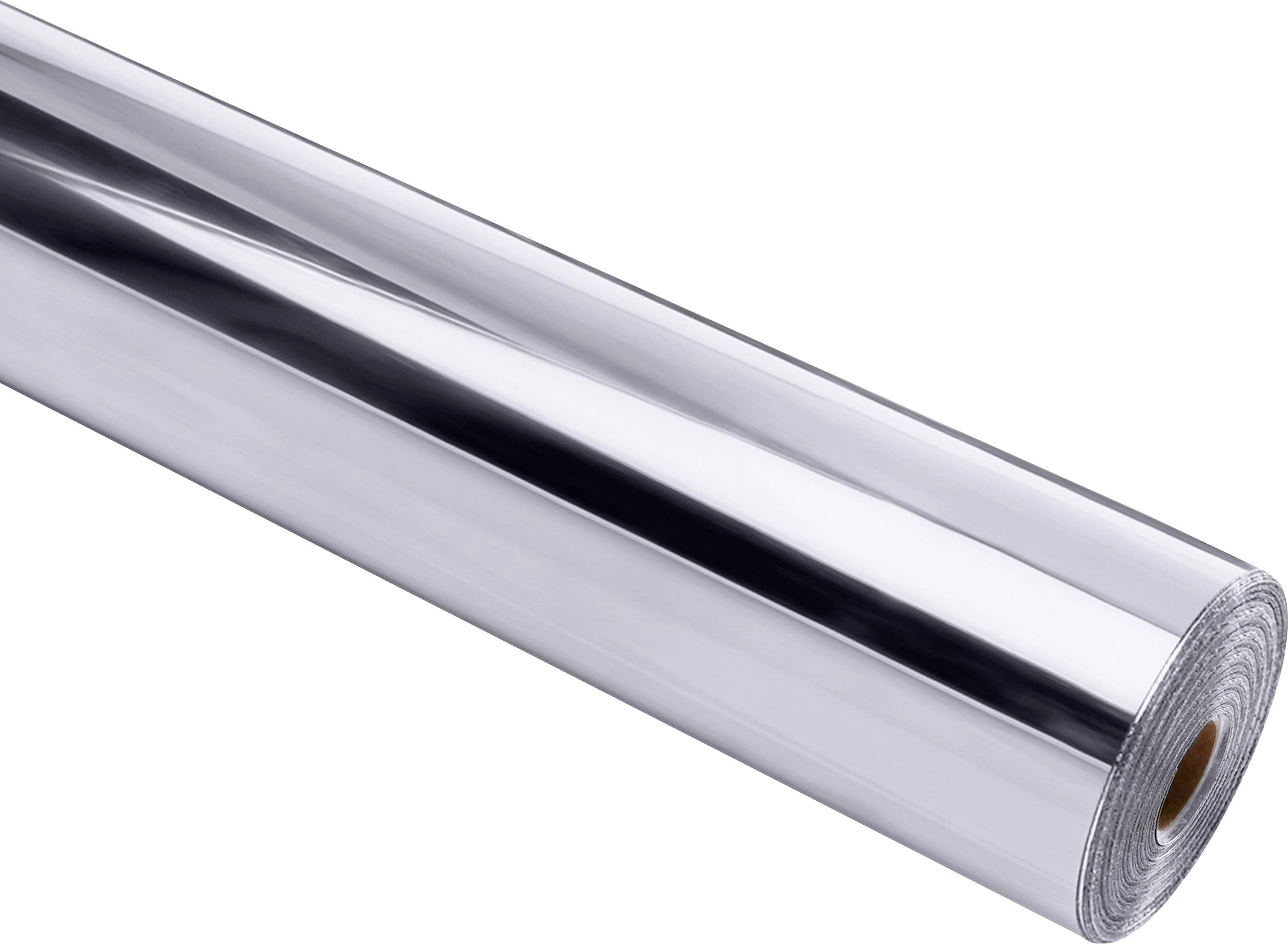 A roll of reflective silver aluminum foil with a glossy finish, positioned diagonally, showcasing its shiny and smooth surface texture.