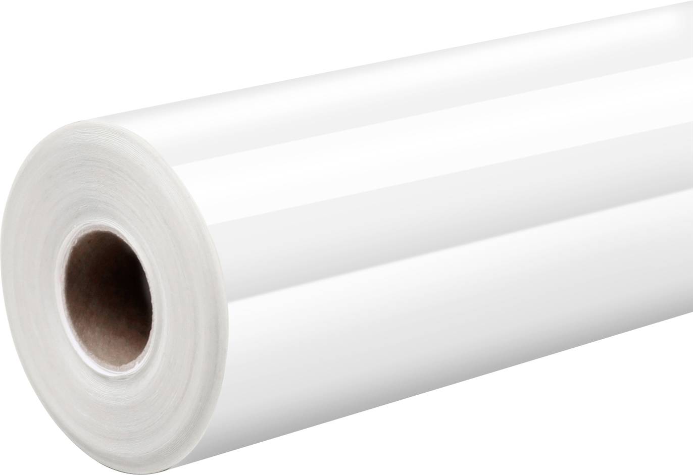 A close-up of a large roll of glossy white paper on a plain background.