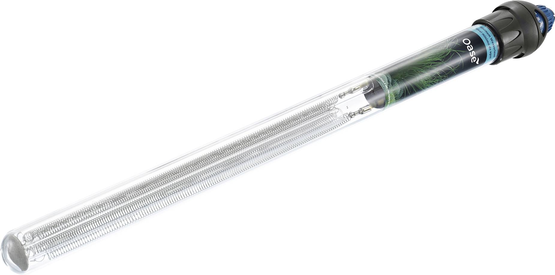 A long cylindrical quartz sleeve heater with a black cap and visible heating coil inside, used for industrial heating applications.