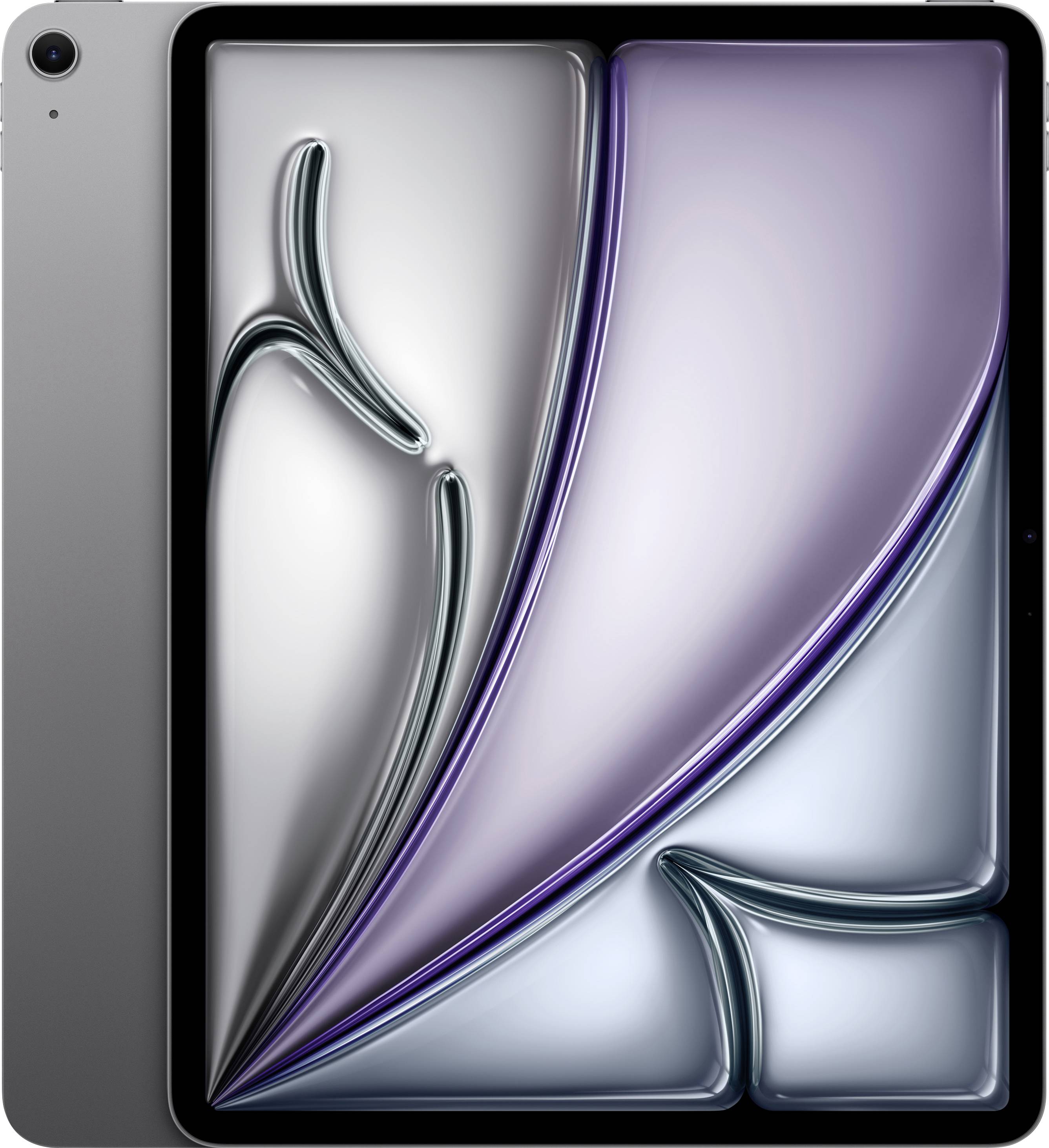 A tablet with a sleek design and vibrant abstract art display featuring flowing curves and soft color gradients.