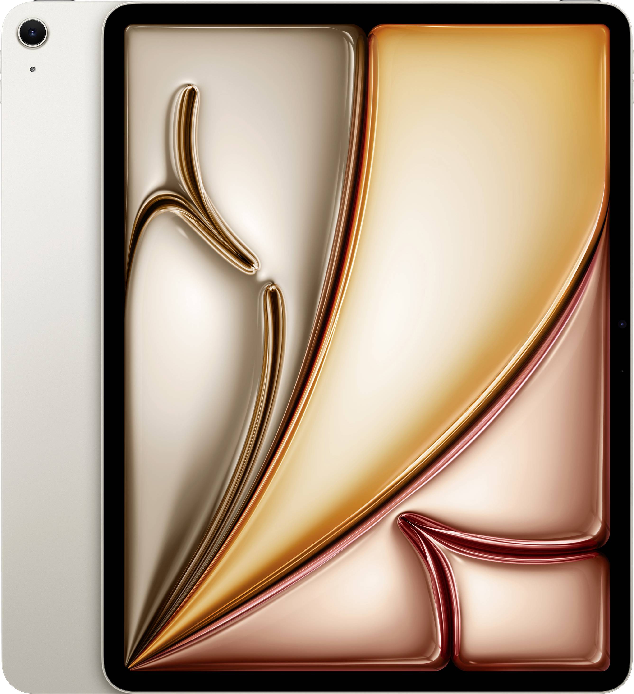 A tablet with a curved artistic design on the screen, featuring smooth, flowing lines in shades of brown, orange, and red.