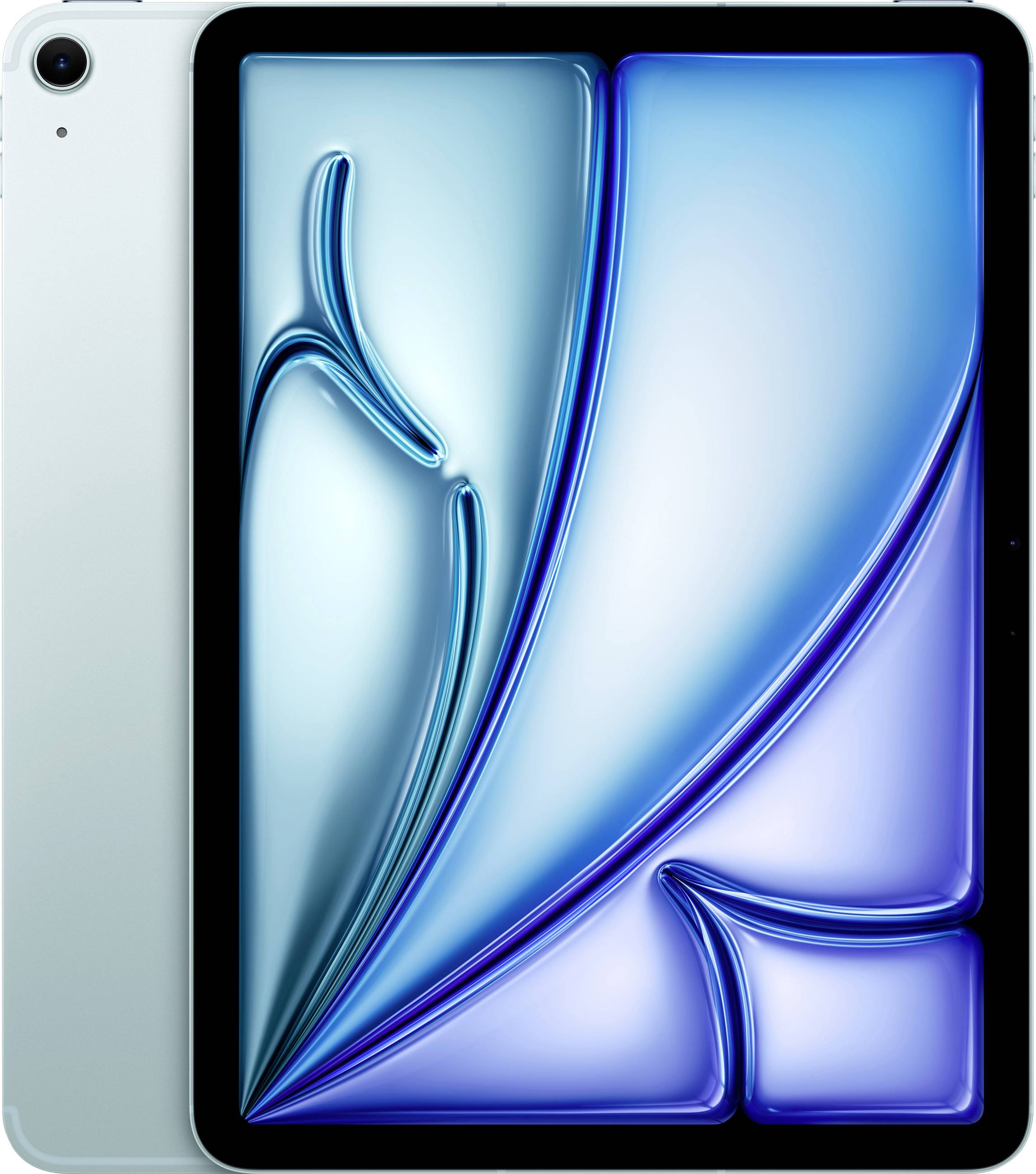 A sleek tablet with a blue abstract background displayed on the screen, showing its thin design and elegant front view.