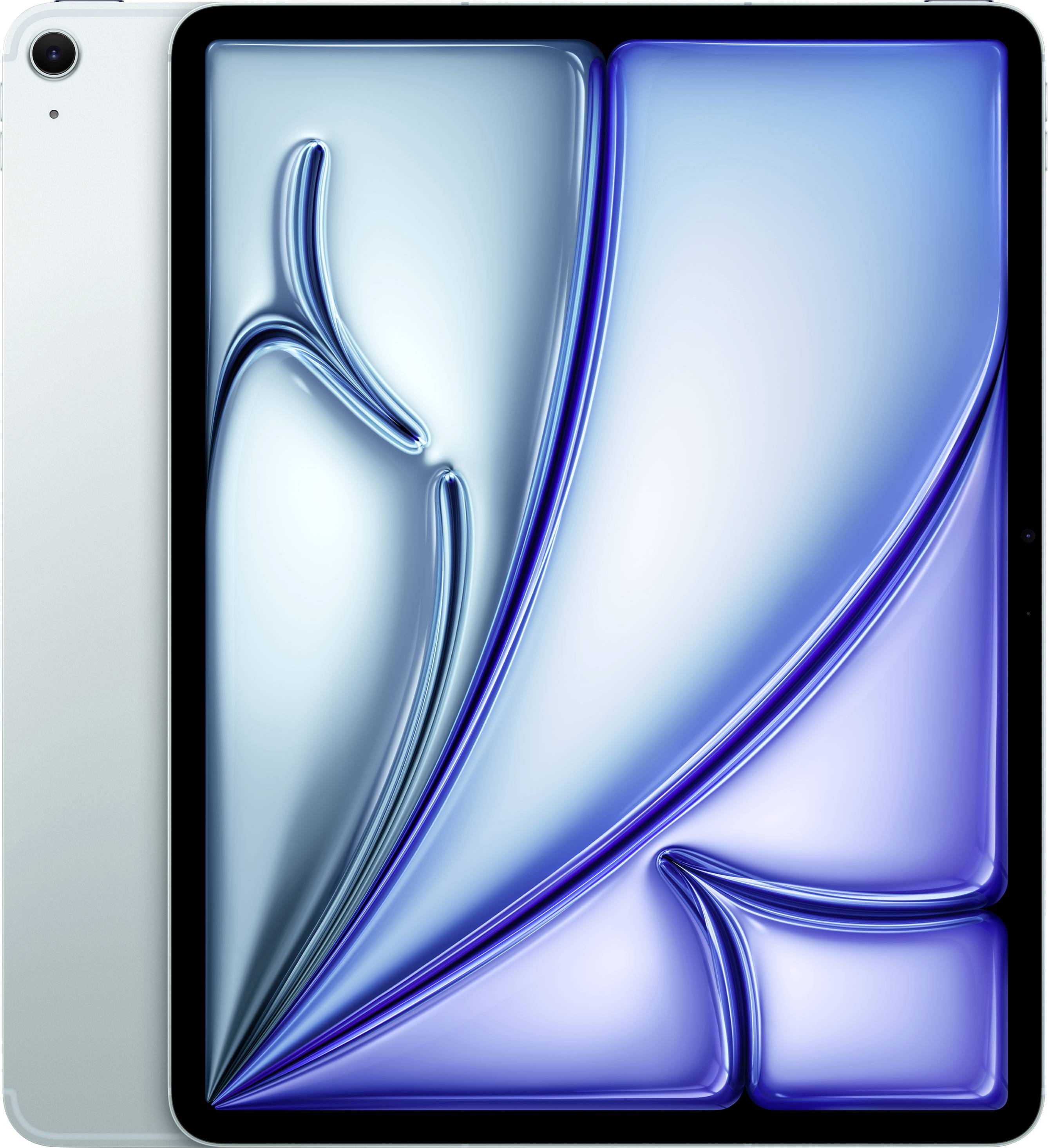 A sleek tablet with a vibrant, abstract blue and silver design on the screen, highlighting its modern aesthetics and thin profile.