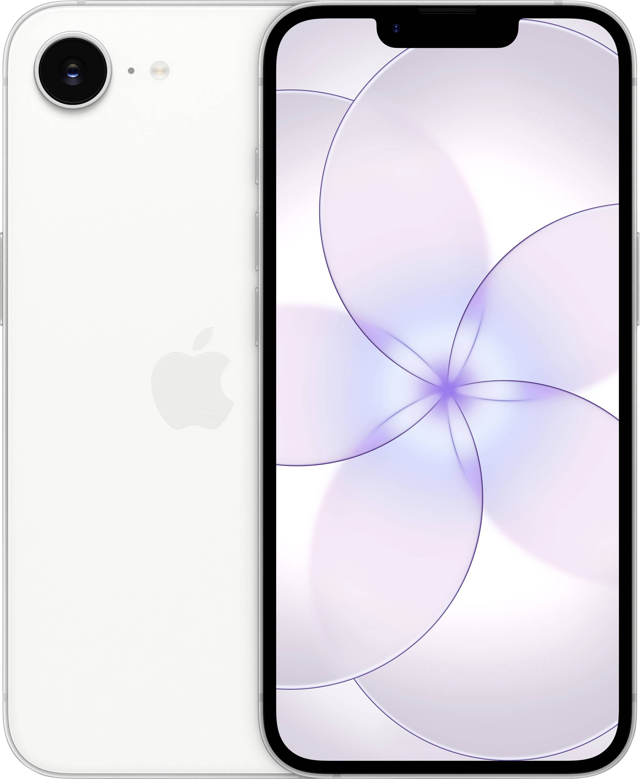 A white smartphone with a large display showing a pattern of overlapping, translucent circles in purple and pink hues.