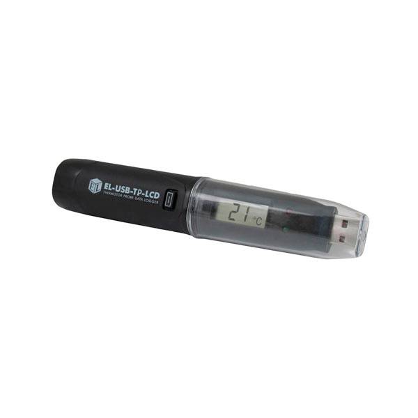 Digital temperature logger displaying '21°C'. Device labeled 'EL-USB-TP-LCD'.