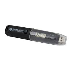 A USB temperature data logger with an LCD display showing '68°F'. It has a transparent cap and is compact for portable use.