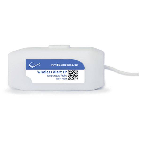 A white 'Wireless Alert TP' temperature probe device with a QR code displayed on its side. It is used for Wi-Fi temperature alerts.