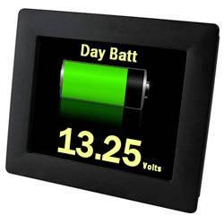 The image shows a display with a battery icon at 100% capacity labeled 'Day Batt'. Below, text shows a reading of '13.25 Volts'.