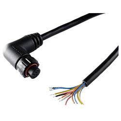 A black cable with a right-angle connector on one end and exposed multicolored wires on the other, used for electronic connections.