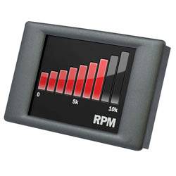 A digital RPM gauge showing a red bar graph with values rising from 0 to 10,000, representing engine speed.