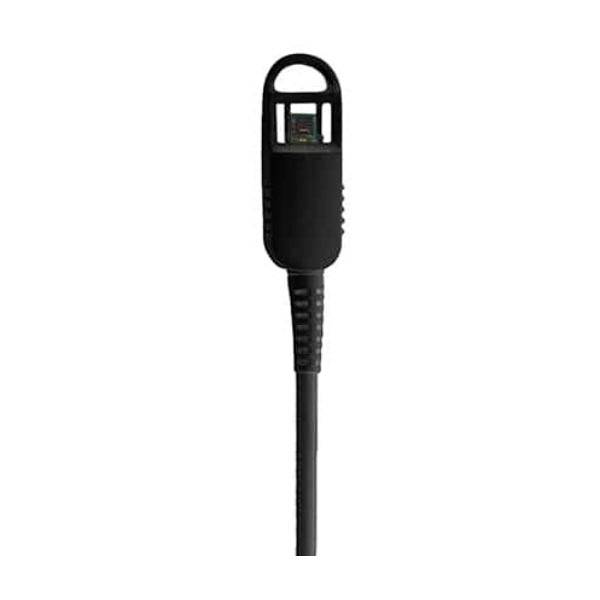 A black electrical cord with a round protective cap covering the connector end, typically used for charging or power supply.
