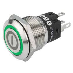 A metallic push button switch with a green power symbol, indicating it is designed to turn devices on or off.