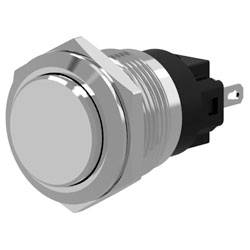 A round, silver metal push button switch, unlit, with black base and two connection terminals, suitable for electronic devices or machinery.