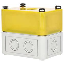 A yellow and gray electrical junction box with multiple cable entry points and four mounting screws visible on top.
