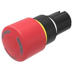 Red emergency stop button, cylindrical with black base, used to halt machinery or processes for safety.