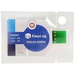 Temperature data logger labeled 'EasyLog Chilled Goods'. Shows alarm settings: High 8°C, Low 2°C. Used for monitoring chilled shipments.