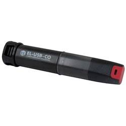 A black and red electronic device labeled 'EL-USB-CO,' designed for measuring carbon monoxide levels, with a USB connector for data transfer.