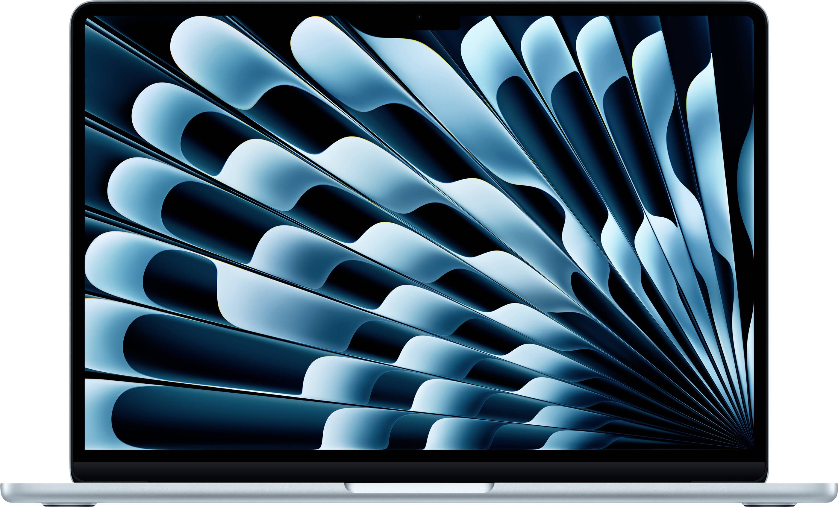 A laptop displaying an abstract pattern featuring blue, layered shapes radiating from the bottom right, creating a dynamic visual effect.