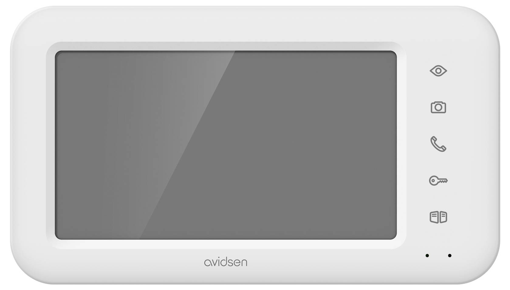 Avidsen intercom with large screen and icons for eye, camera, phone, and key functions on the right side for home security monitoring.