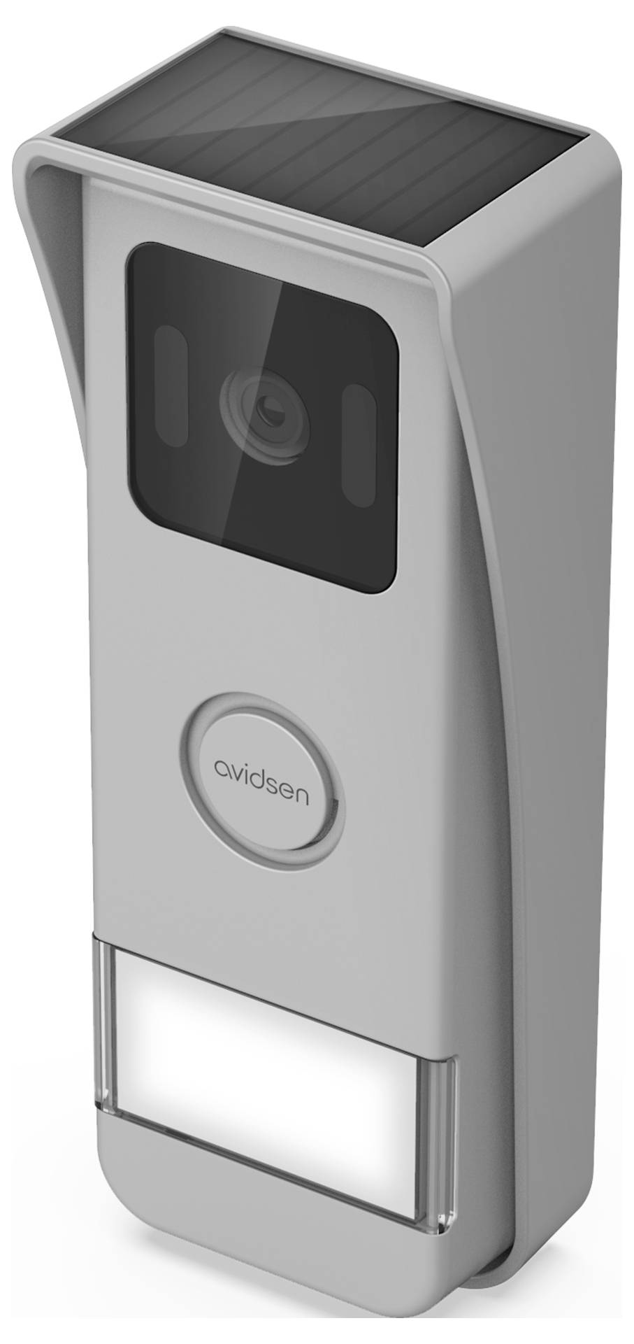 A sleek, rectangular smart doorbell with a camera and a solar panel on top. It has a button labeled 'avidsen' and a light at the bottom.