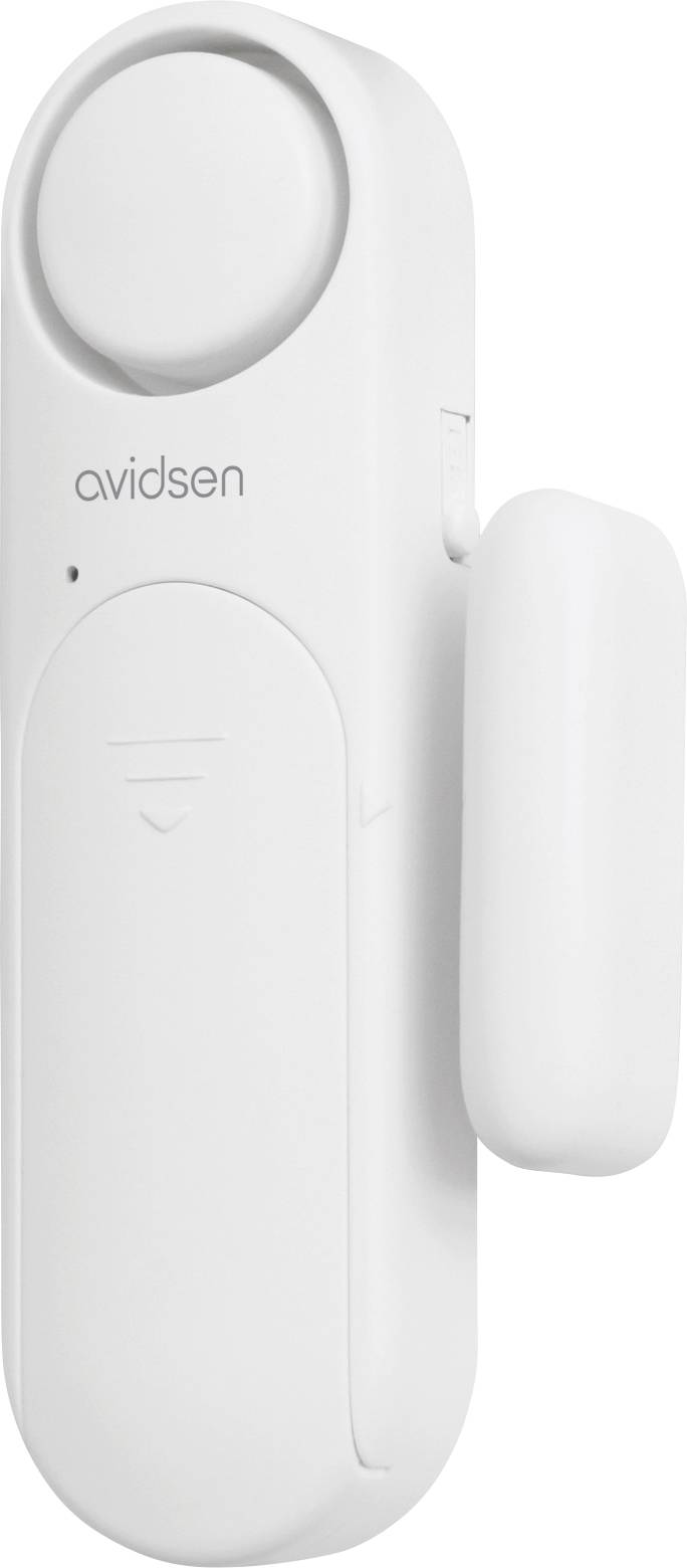 A white Avidsen door alarm with a rounded sensor, designed for home security, shown against a plain background.