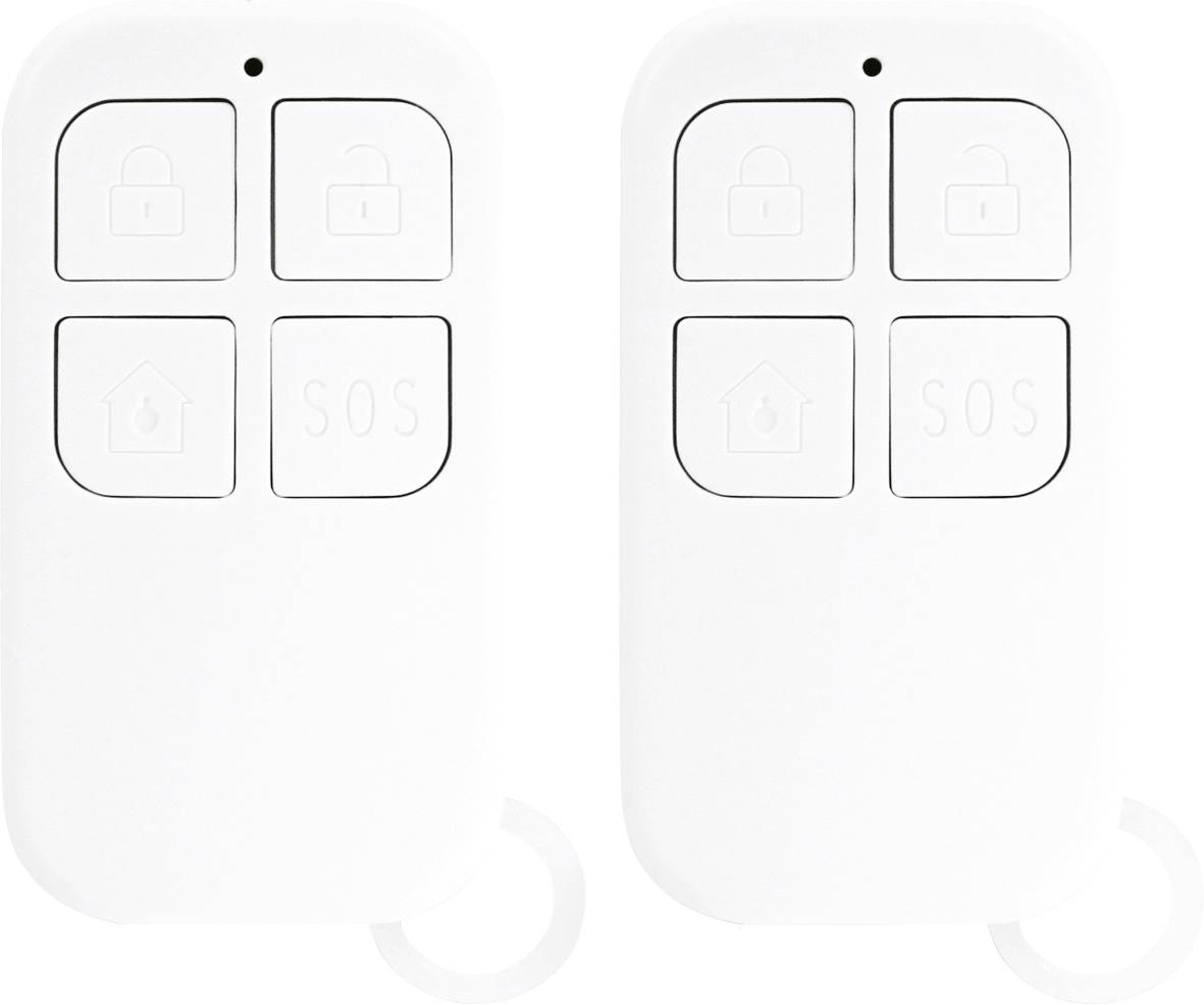 Two white remote controls with four buttons each: lock, unlock, home, and 'SOS'. Designed for security system operation.