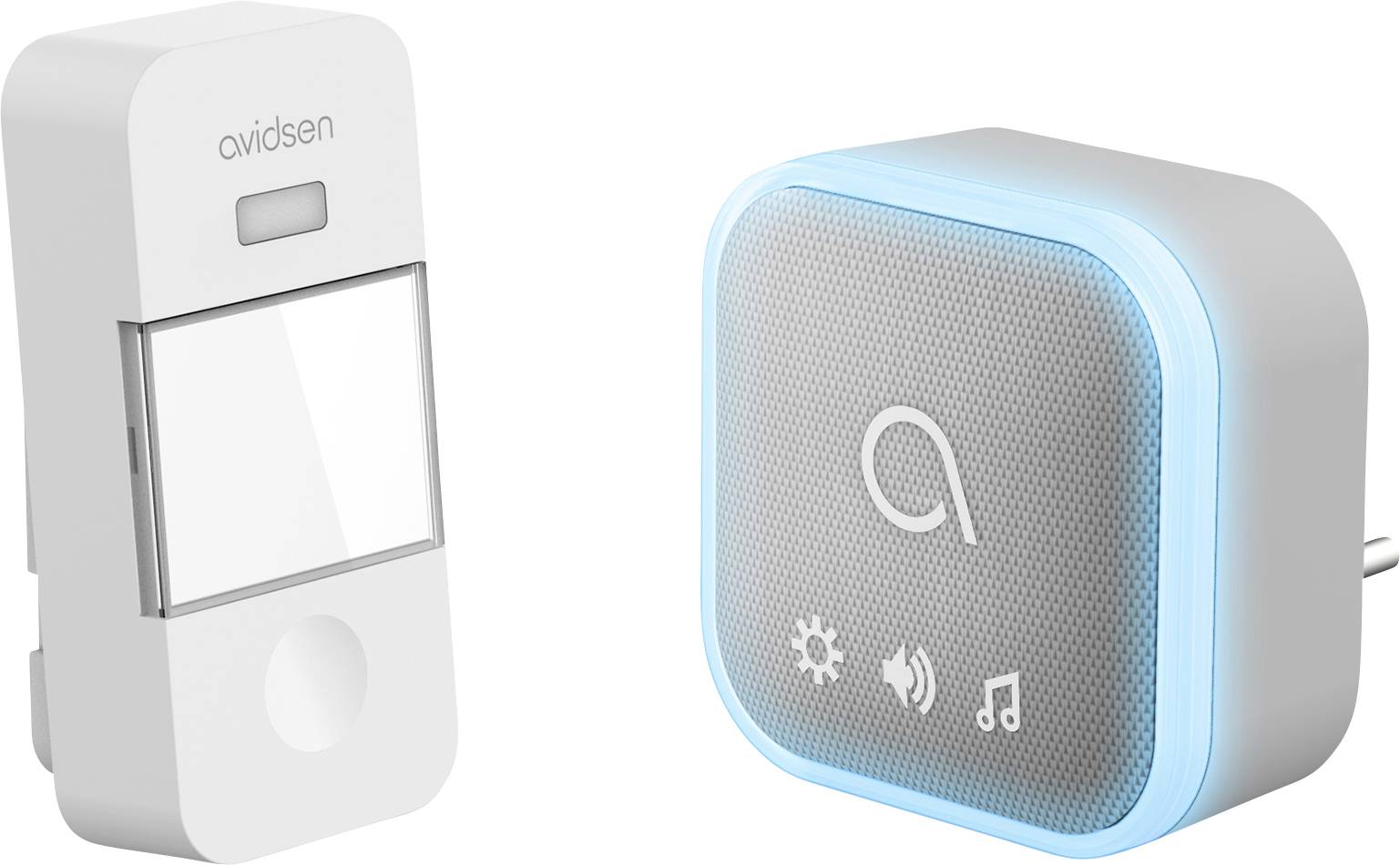 'Avidsen' wireless doorbell set with a wall-mounted button and a plug-in receiver, featuring icons for light, sound, and Wi-Fi.