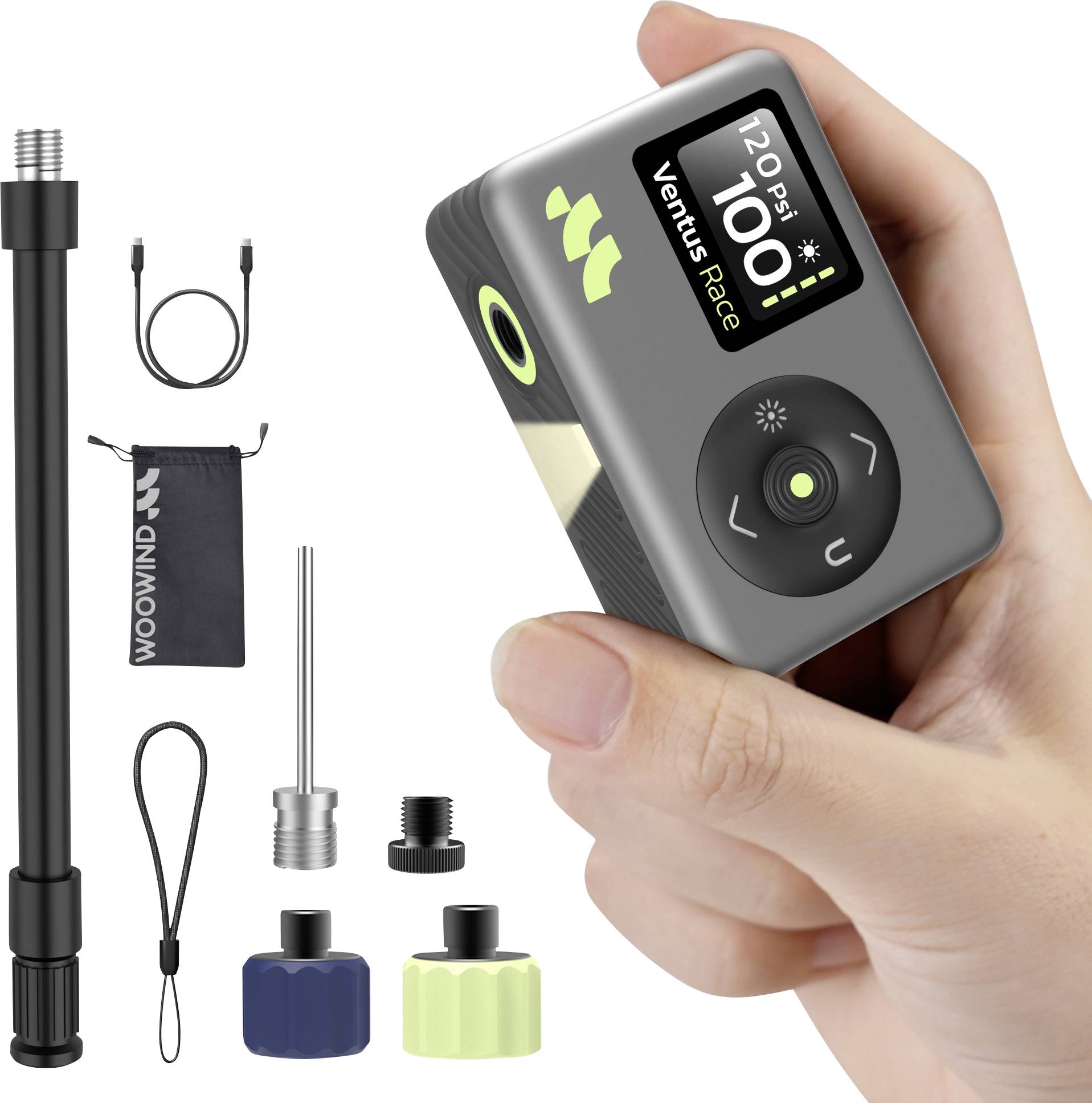 Bike pump kit with digital gauge, nozzle, extension hose, and carrying case. Pump displays 120 PSI for precise tire inflation.