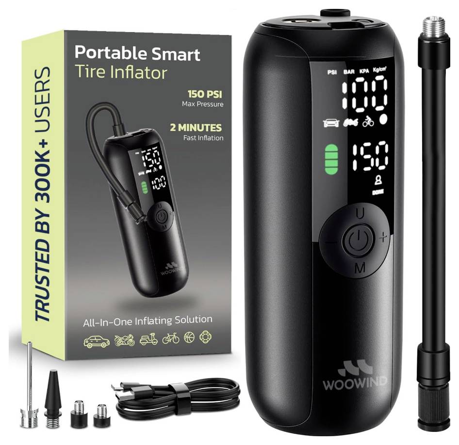 Portable smart tire inflator with a digital display next to its packaging box. The box reads '150 PSI Max Pressure,' and '2 Minutes Fast Inflation.' Includes accessories.