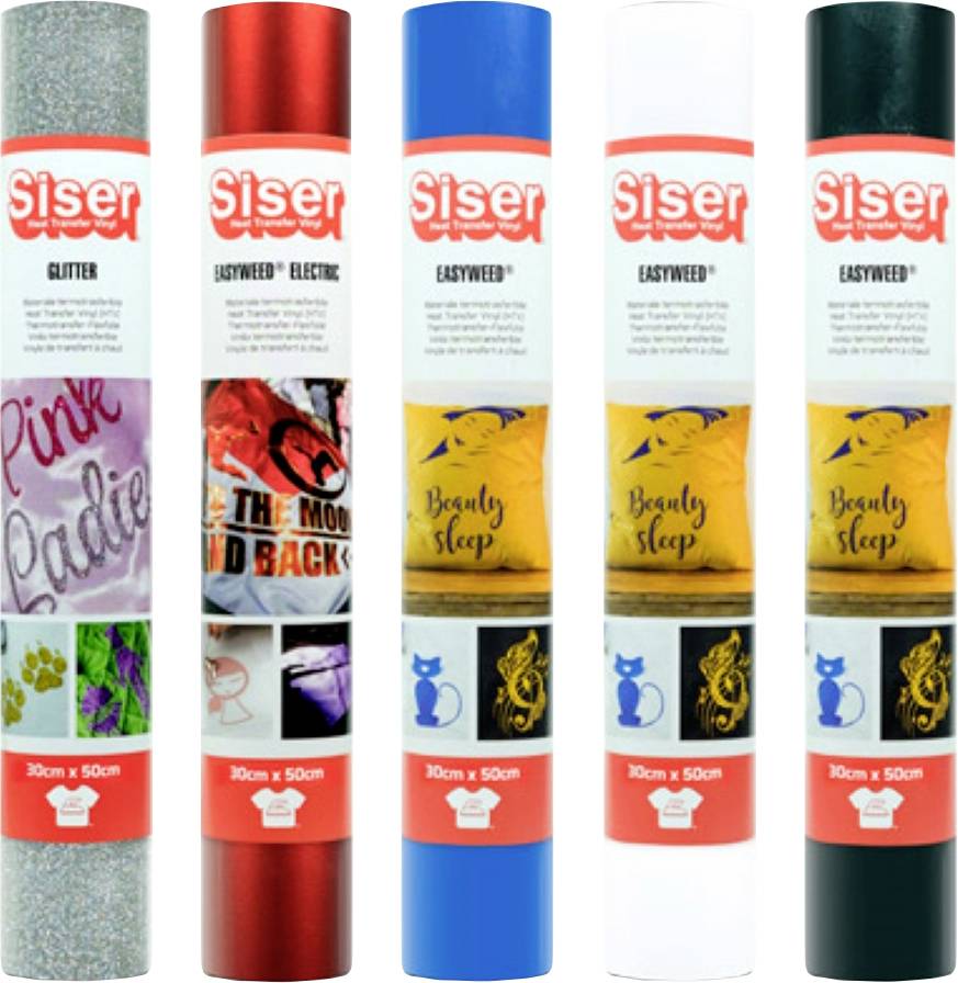 Five rolls of Siser vinyl in various finishes: glitter, red electric, blue easyweed, yellow easyweed with 'Beauty sleep' text, and white easyweed with 'Beauty sleep' text.