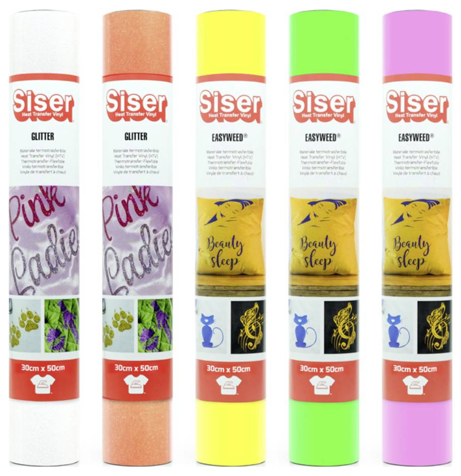 Five rolls of Siser vinyl, labeled 'Glitter' and 'EasyWeed'. Colors include pink, yellow, green with designs like 'Pink Ladies' and 'Beauty Sleep'.