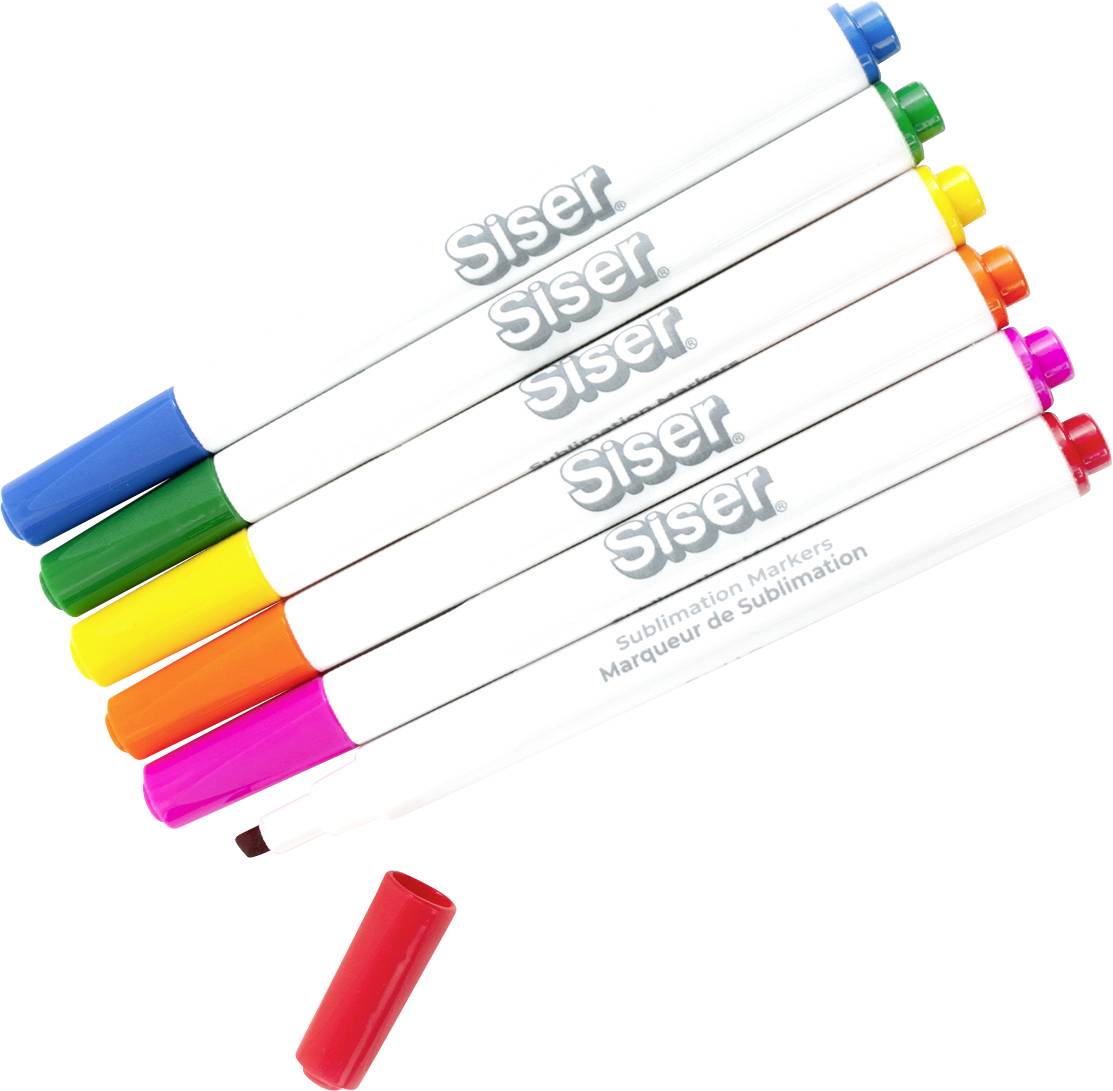 A set of colorful sublimation markers with various cap colors, lying parallel, one red cap removed and placed below the markers.