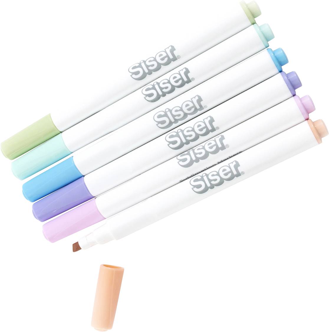Six colored markers labeled 'Siser' aligned diagonally, with their caps on. A cap is removed from the orange marker, lying beneath.