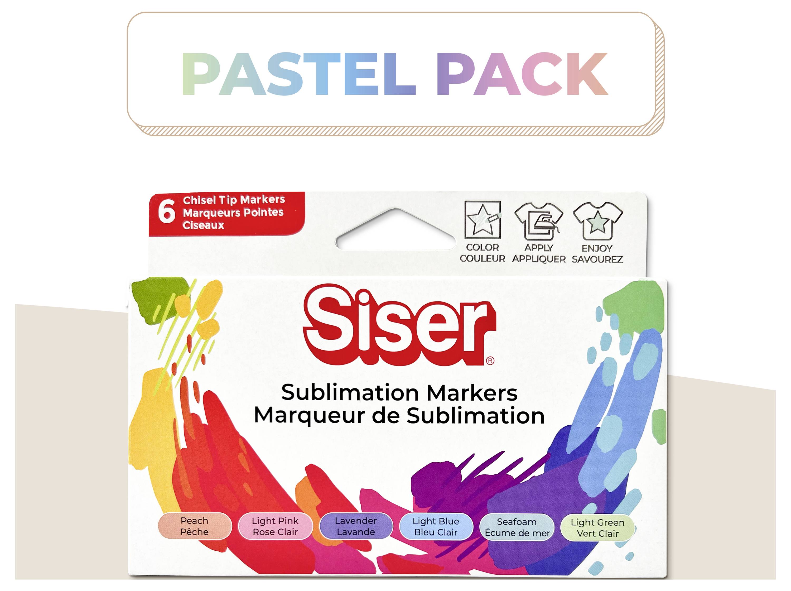 'Pastel Pack' sublimation markers by Siser, featuring six colors: Peach, Light Pink, Lavender, Light Blue, Seafoam, and Light Green.