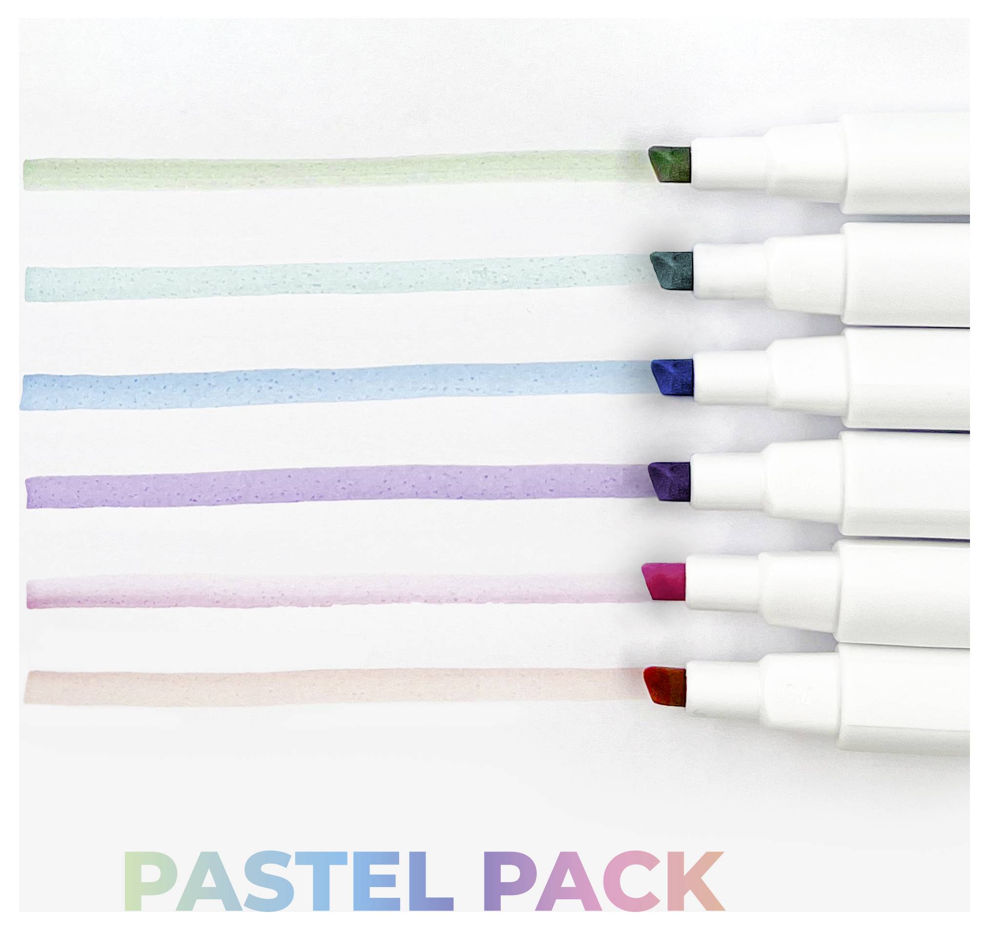 Six pastel-colored markers arranged vertically, drawing horizontal lines in green, blue, teal, purple, pink, and coral. Text below reads 'PASTEL PACK'.