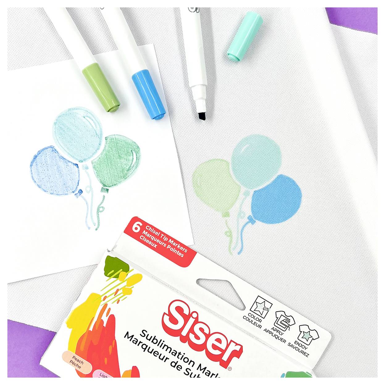 'Siser Sublimation Markers' on packaging with colorful marker tips and a balloon drawing. Six markers included in the pack.