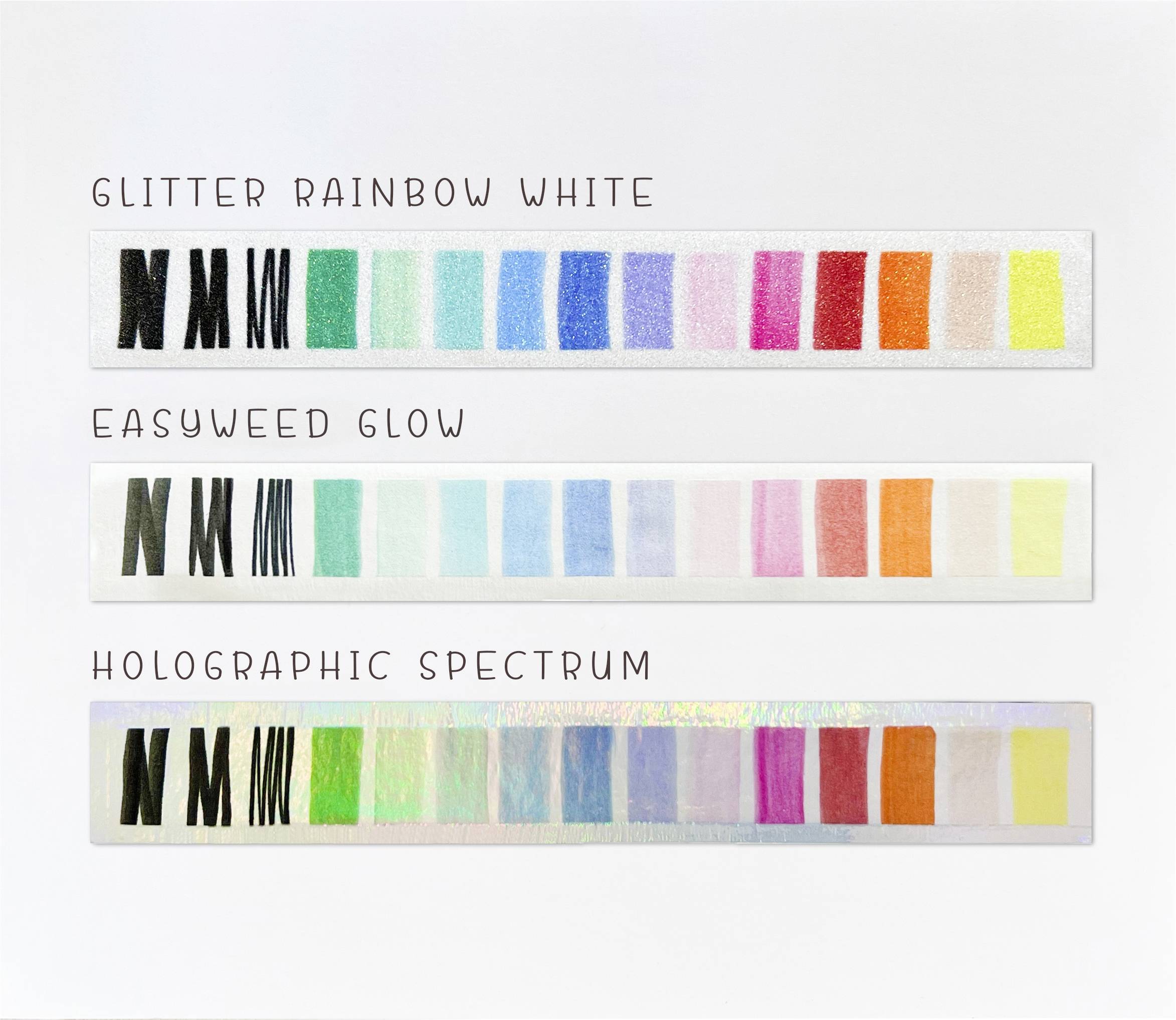 The image displays color swatches for three types of vinyl: 'Glitter Rainbow White', 'Easyweed Glow', and 'Holographic Spectrum', each with various colors.