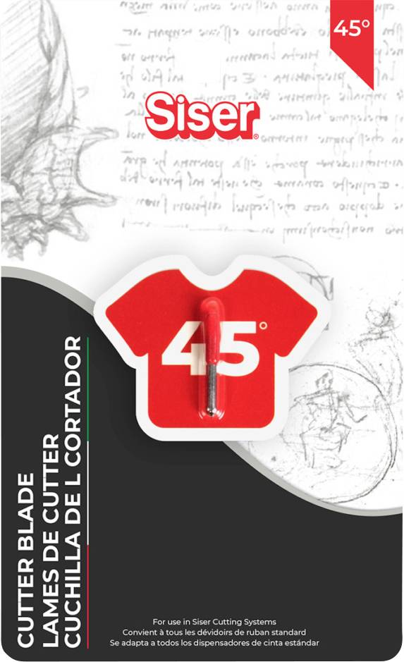 '45° Cutter Blade' packaging with a red shirt shape design, text in Spanish, suitable for cutting systems, compatible with standard tape dispensers.
