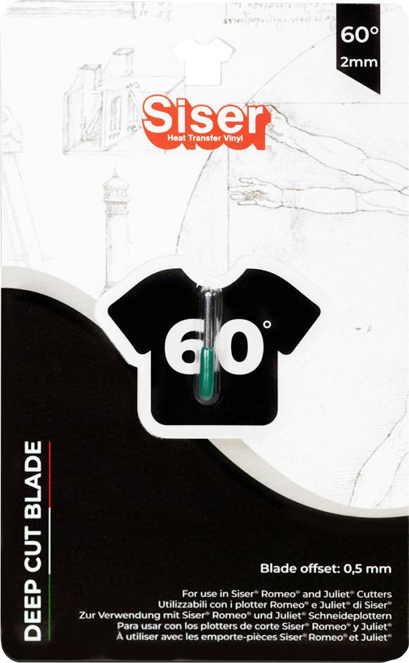 'Deep Cut Blade' packaging for Siser Romeo and Juliet cutters, 0.5 mm blade offset, suitable for heat transfer vinyl cutting.