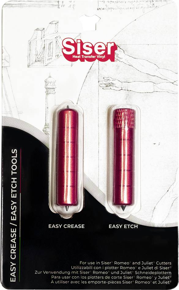 Package containing two red tools labeled 'Easy Crease' and 'Easy Etch' for use with Siser heat transfer vinyl.