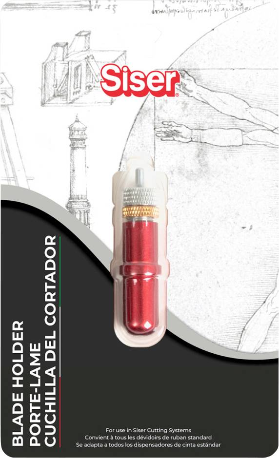 Image of a 'Siser Blade Holder' packaging featuring a red blade holder with multilingual text next to a background of a Leonardo da Vinci artwork.