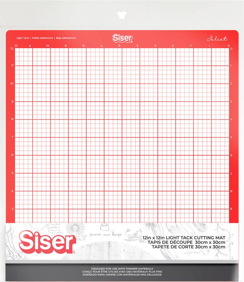 Red and white cutting mat with grid lines and numbers along edges for precise measurement. Siser brand logo and cutting mat size 12 in x 12 in.