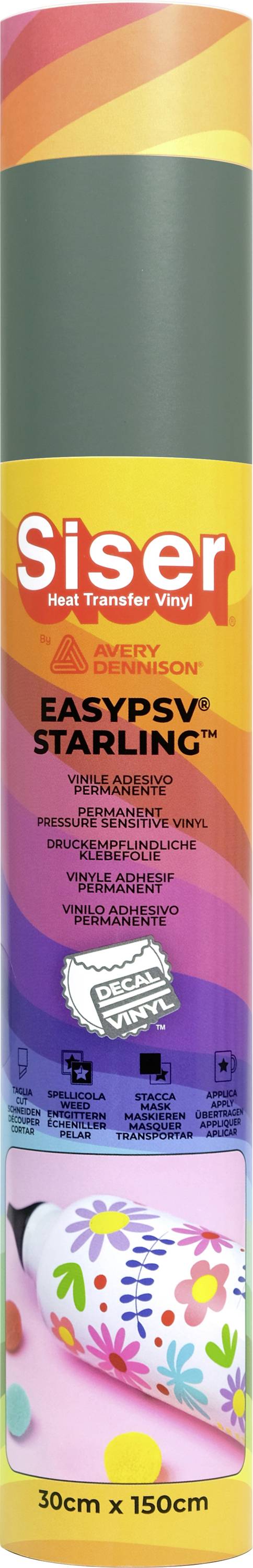 A vibrant multicolored roll of Siser EasyPSV Starling vinyl, measuring 30cm x 150cm, featuring rainbows and polka dot patterns.