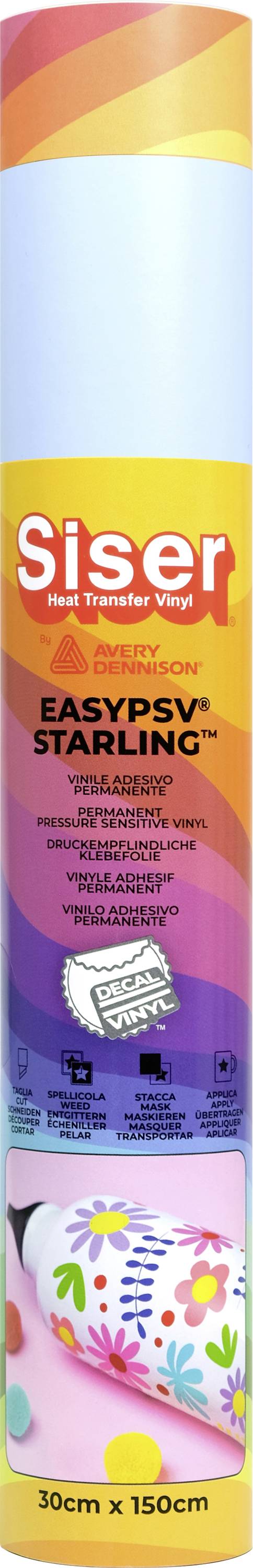 A colorful roll of Siser EasyPSV Starling, featuring details about the product's vinyl type and dimensions: 30 cm x 150 cm.