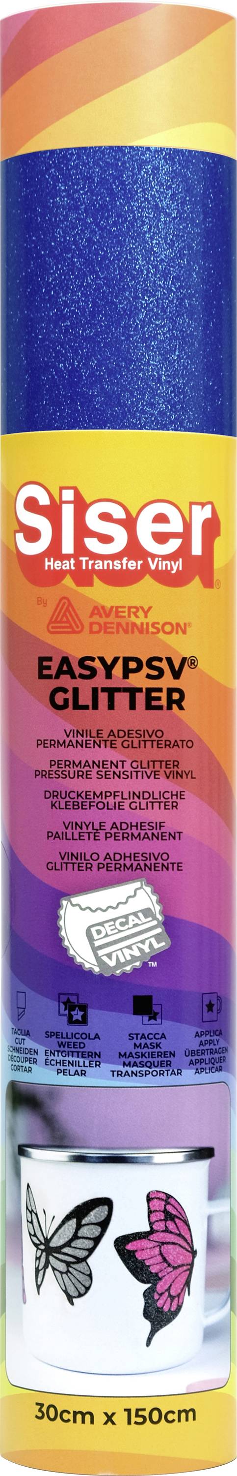 A colorful, cylindrical packaging of 'Siser EasyPSV Glitter' vinyl, featuring butterflies and project examples, measuring 30cm x 150cm.