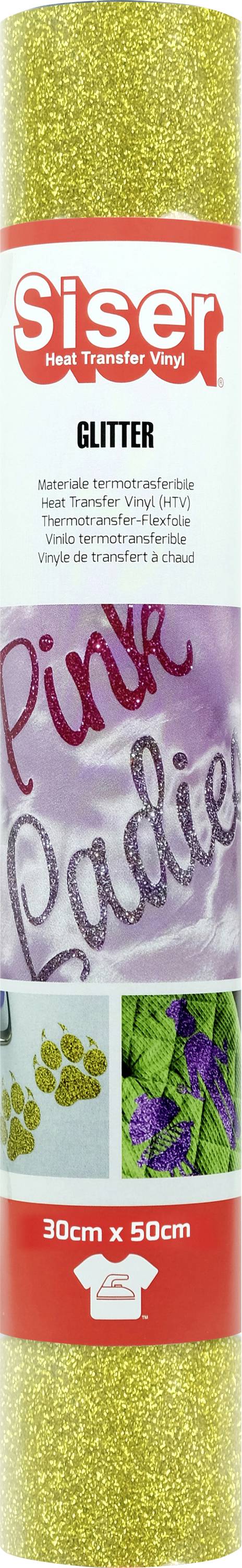 Roll of Siser glitter vinyl in gold, labeled 'Pink Ladies', shown with fabric paws and green and purple ribbon accents, size 30cm x 50cm.